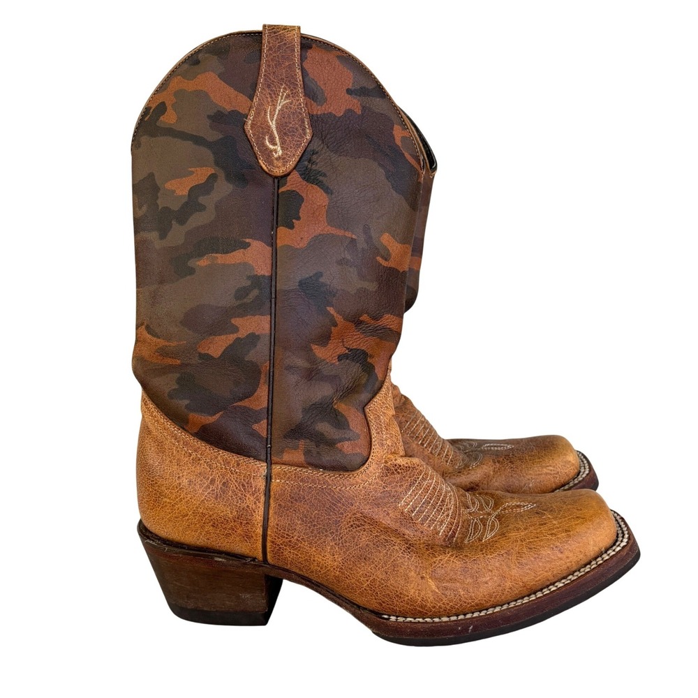 Cabela's Women's Western Cowboy Boots Brown Distressed Leather Camo Shaft Sz 8M